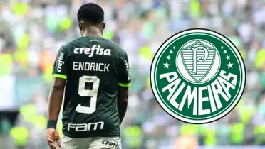 Endrick e ao lado o escudo do Palmeiras