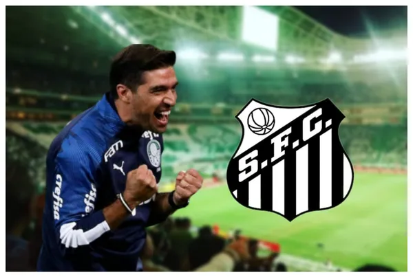 Abel Ferreira com a camisa do Palmeiras e escudo do Santos