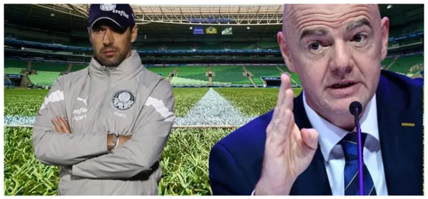 Abel Ferreira com a camisa do Palmeiras e Gianni Infantino