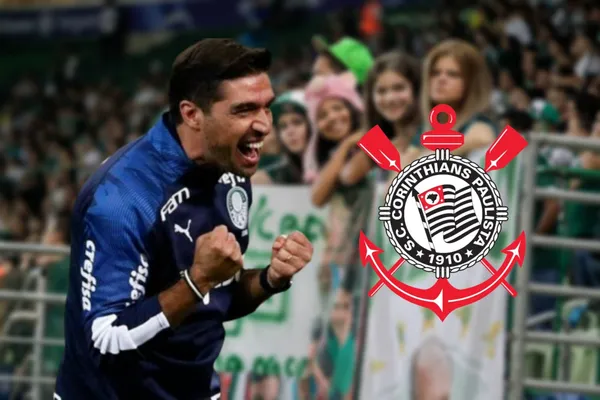 Abel Ferreira com a camisa do Palmeiras e o escudo do Corinthians