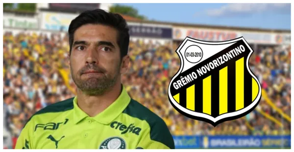Abel Ferreira com a camisa do Palmeiras e o escudo do Novorizontino