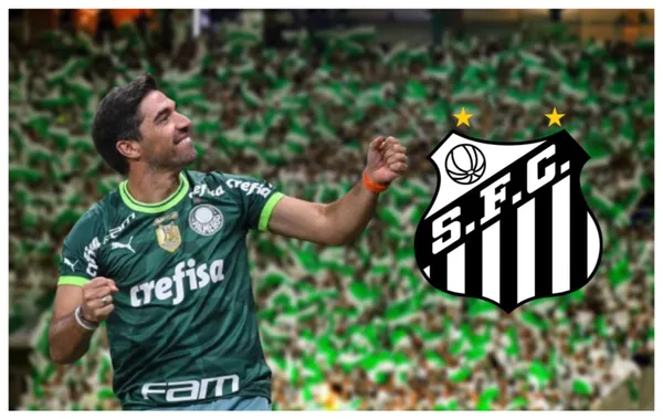 Abel Ferreira com a camisa do Palmeiras e o escudo do Santos