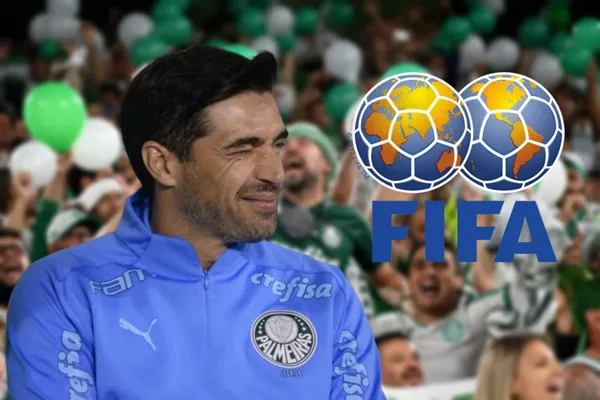 Abel Ferreira com a camisa do Palmeiras e o logotipo da FIFA