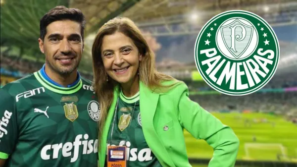 Abel Ferreira e Leila Pereira felizes e do lado o escudo do Palmeiras