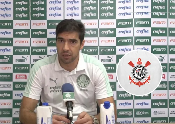 Abel Ferreira em coletiva de imprensa e ao lado o escudo do Corinthians