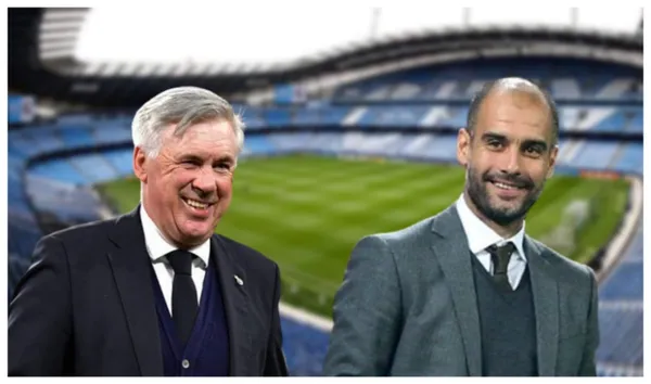 Ancelotti com um terno e Pep Guardiola com terno