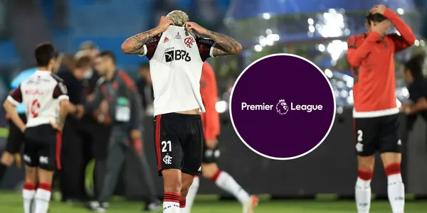 Andreas Pereira com a camisa do Flamengo e o logotipo da Premier League