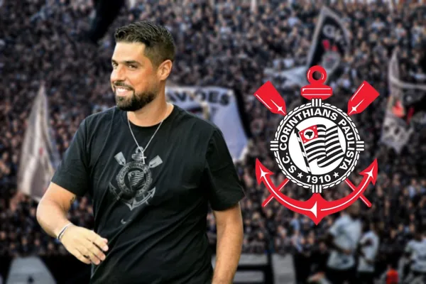 António Oliveira com a camisa do Corinthians e escudo do Corinthians