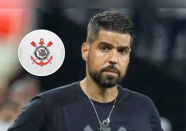 António Oliveira e o escudo do Corinthians ao lado