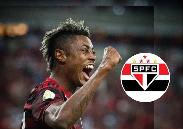 Bruno Henrique e o escudo do São Paulo ao lado