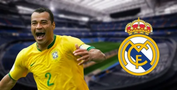 Cafu com a camisa da Seleção Brasileira com fundo do Santiago Bernabéu, Real Madrid.
