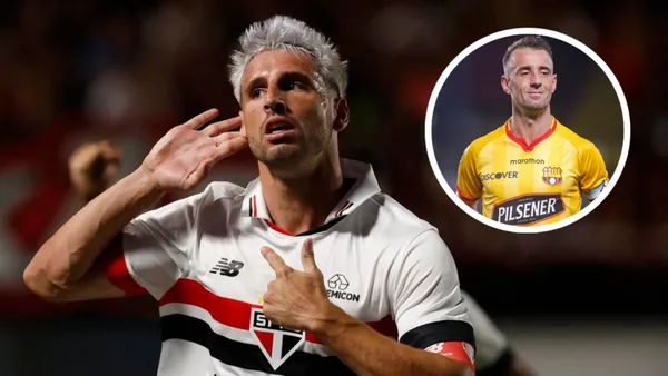 Calleri comemorando pelo São Paulo e Damián Díaz em ação pelo Barcelona SC