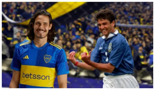 Cavani com a camisa do Boca Juniors e Bebeto com a camisa da Seleção Brasileira