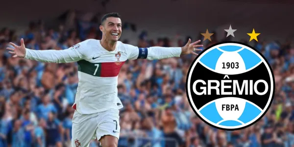 Cristiano Ronaldo com a camisa de Portugal e o escudo do Grêmio