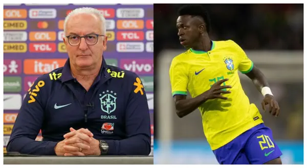 Dorival Júnior e Vinicius Júnior com a camisa da Seleção Brasileira