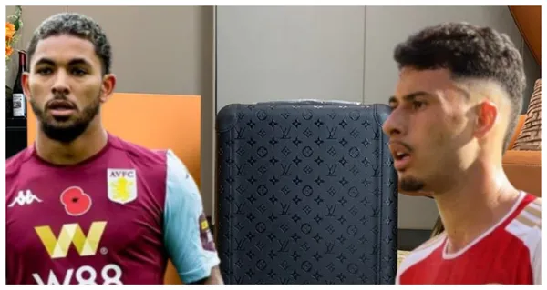 Douglas Luiz com a camisa do Aston Villa e Gabriel Martinelli com a camisa do Arsenal