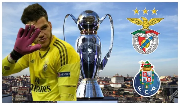 Ederson com a camisa do Benfica e os escudos do Benfica e do Porto
