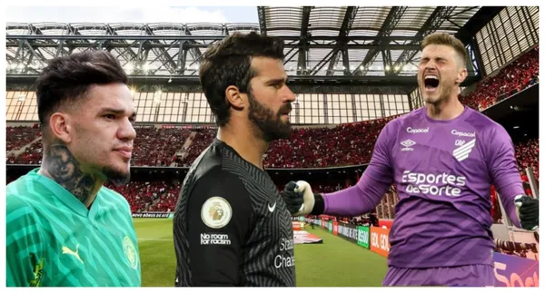 Ederson com a camisa do Manchester City, Alisson com a camisa do Liverpool e Bento com a camisa do Athletico-PR