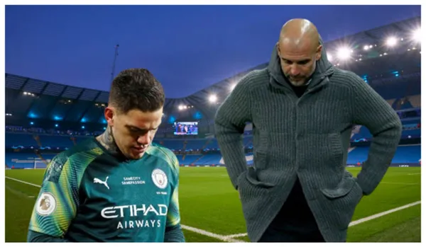 Ederson com a camisa do Manchester City e Guardiola