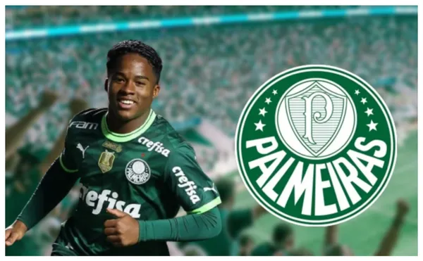 Endrick com a camisa do Palmeiras e o escudo do Palmeiras