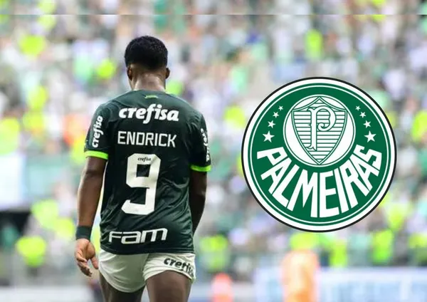 Endrick e ao lado o escudo do Palmeiras