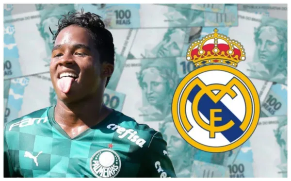 Endrick feliz com a camisa do Palmeiras e o escudo do Real Madrid