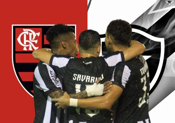 Equipe do Botafogo, o escudo do Flamengo e do Botafogo atrás