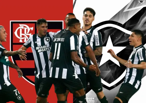 Equipe do Botafogo, o escudo do Flamengo e do Botafogo atrás