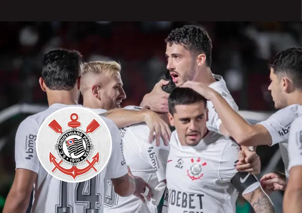 Equipe do Corinthians e ao lado o escudo do Corinthians