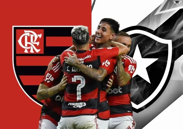 Equipe do Flamengo comemorando, atrás o escudo do Flamengo e do Botafogo