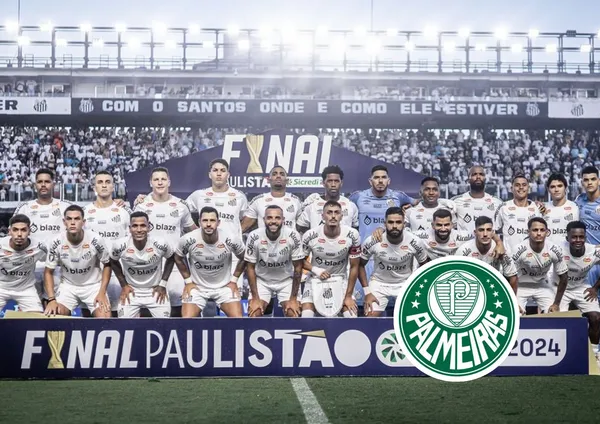 Equipe do Santos e o escudo do Palmeiras