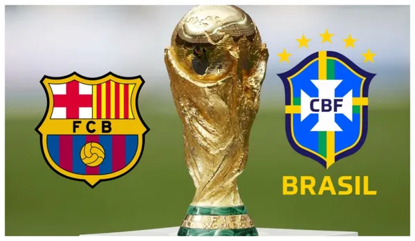 Escudo do Barcelona e da Seleção Brasileira, e a taça da Copa do Mundo