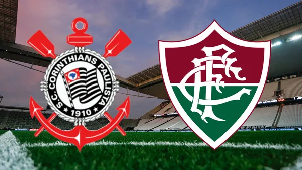 Escudos de Corinthians e Fluminense com Neo Química Arena no fundo