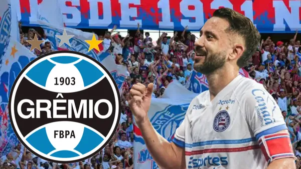 Everton Ribeiro do Bahia com a torcida ao fundo e o escudo do Grêmio