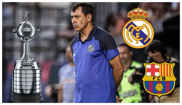 Fábio Carille com a camisa do Santos e os escudos do Real Madrid e Barcelona