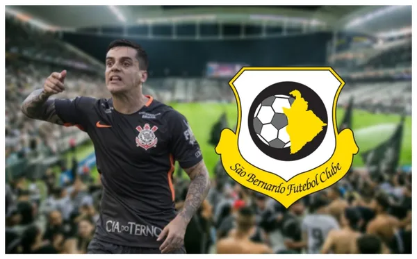 Fagner com a camisa do Corinthians e do lado o escudo do São Bernardo