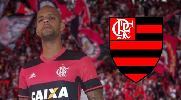 Felipe Melo com a camisa do Flamengo e o escudo do Flamengo
