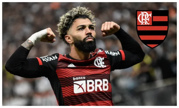 Gabigol com a camisa do Flamengo e o escudo do Flamengo