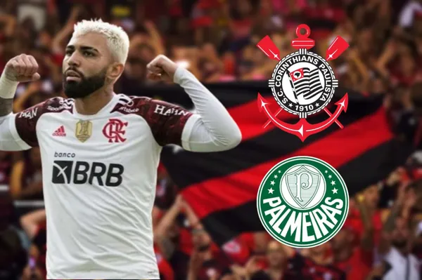 Gabigol com a camisa do Flamengo e os escudos do Corinthians e Palmeiras