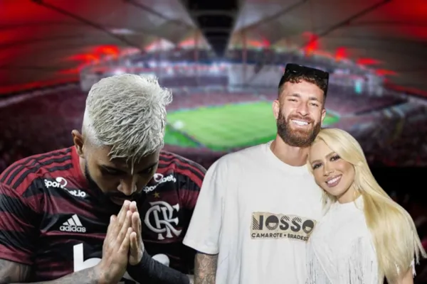 Gabigol com a camisa do Flamengo, Léo Pereira e Karoline com uma camisa branca