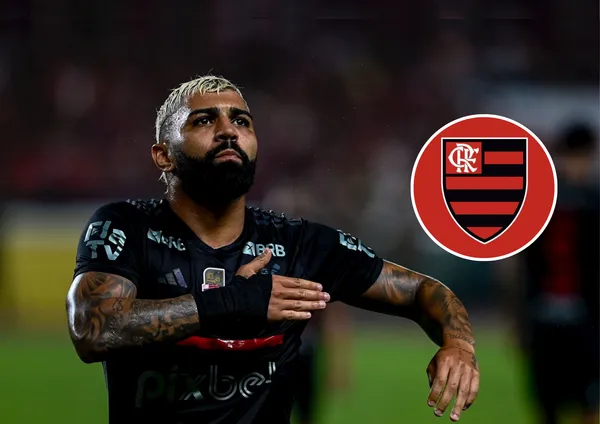 Gabigol e ao lado o escudo do Flamengo