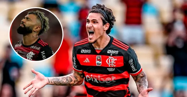Gabigol e Pedro com a camisa do Flamengo dentro de campo