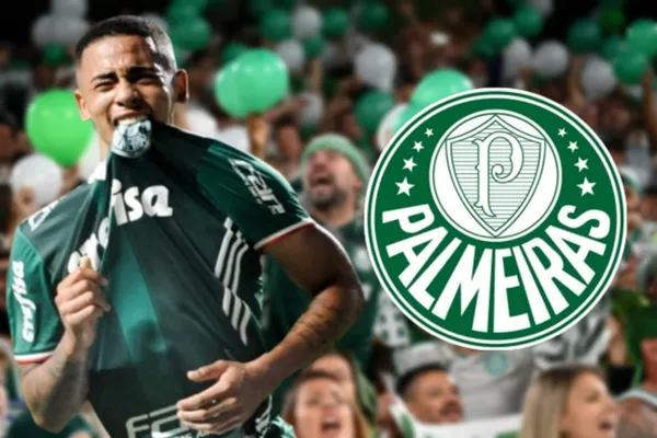 Gabriel Jesus com a camisa do Palmeiras e do lado o escudo do Palmeiras