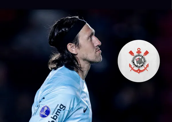 Goleiro Cássio e o escudo do Corinthians ao lado