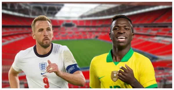 Harry Kane com a camisa da Inglaterra e Vinicius Júnior com a camisa da Seleção Brasileira