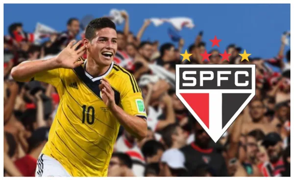 James Rodríguez com a camisa da Seleção Colombiana e o escudo do São Paulo