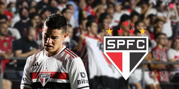 James Rodríguez com a camisa do São Paulo e o escudo do São Paulo