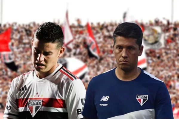 James Rodríguez com a camisa do São Paulo e Thiago Carpini com a camisa do São Paulo