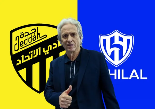 Jorge Jesus e o escudo do Al-Ittihad e do Al-Hillal