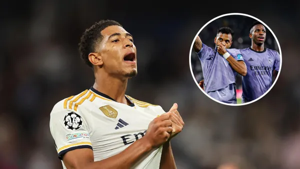 Jude Bellingham comemorando no Real Madrid ao lado de Rodrygo e Vini Jr